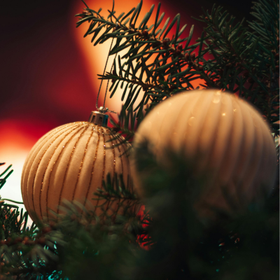 Decorative Christmas ornaments on a branch with a warm, blurred background